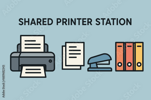 Office Printer Station. Illustrated banner of shared printer station and office tools icon set for printer, papers, stapler and