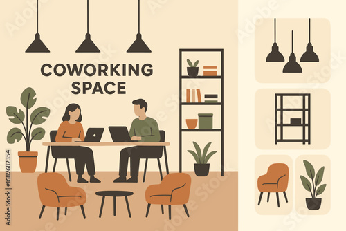 Modern Coworking Space Design. Modern vector panel showing coworking space interior and design icon set for pendant lights, open