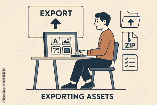 Export Assets Icons. Flat scene showing designer exporting assets and file icon set for export arrow, folder, zip icon and