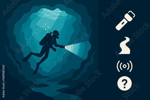 Diver's Underwater Adventure. Modern vector panel showing diver entering underwater cave and exploration icon set for flashlight,