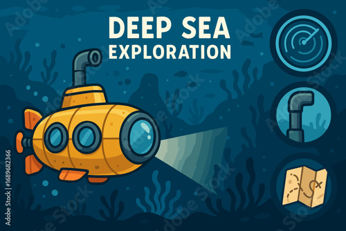 Submarine Deep Sea Adventure. Cartoon-style banner depicting submarine navigating deep sea and exploration icon set for sonar,