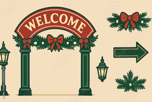 Festive Entrance Decorations. Wide banner showing entrance arch with decorations and welcome icon set for banner, gate lamp,