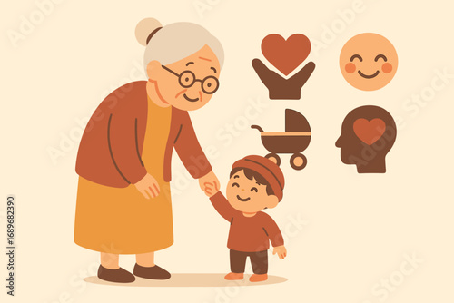 Grandma's Love Icons. Flat scene showing grandma and child holding hands and family icon set for heart glove, warmth smile,