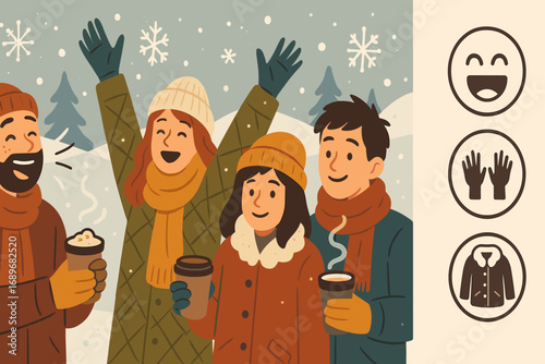 Snowy Drinks Celebration. Scene banner with friends enjoying drinks in snow and joy icon set for laughter, hands up, cozy coat and