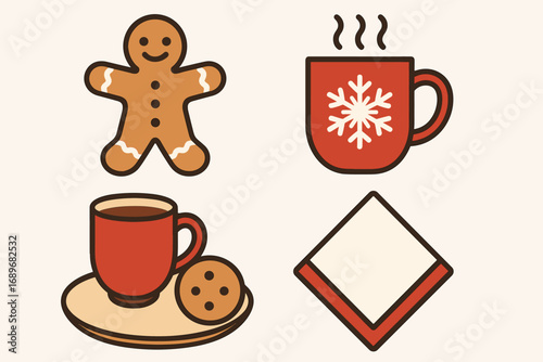 Gingerbread and Hot Drinks. Modern vector panel showing gingerbread with hot drinks and sweet pairing icon set for cookie,