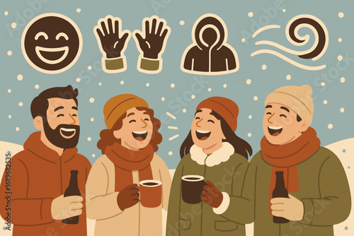 Snowy Drinks Celebration. Scene banner with friends enjoying drinks in snow and joy icon set for laughter, hands up, cozy coat and