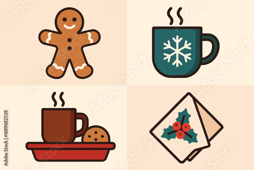 Gingerbread and Hot Drinks. Modern vector panel showing gingerbread with hot drinks and sweet pairing icon set for cookie,