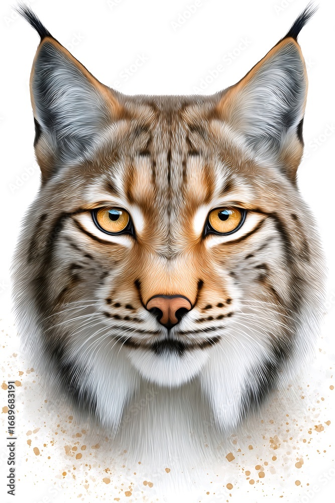 Obraz premium Eurasian lynx staring with intense gaze on white background with paint splatter