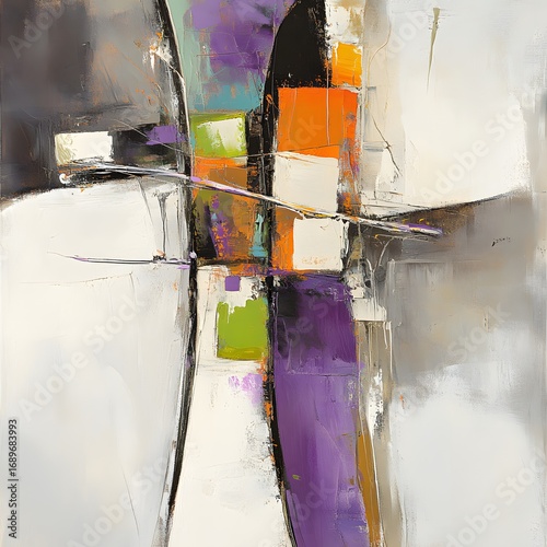 Abstract Modern Art Painting Purple Orange Grey White Canvas Texture