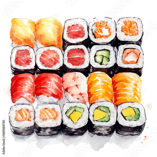 Sushi, watercolor vector, isolated on a white background.