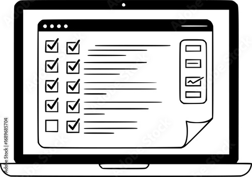 Online form being submitted on a laptop with a checkmark icon, concept for online survey, online exam, or online voting
