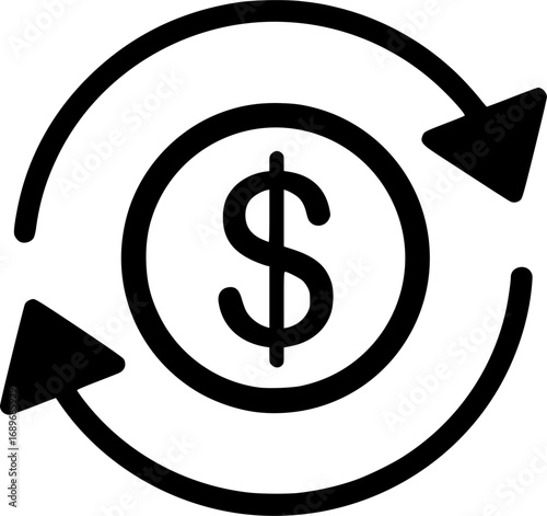 Black and white icon of the dollar symbol surrounded by two arrows forming a circle and representing money turnover
