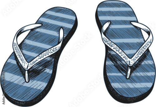 Pair of blue striped flip flops is waiting for you to put them on and start your vacation
