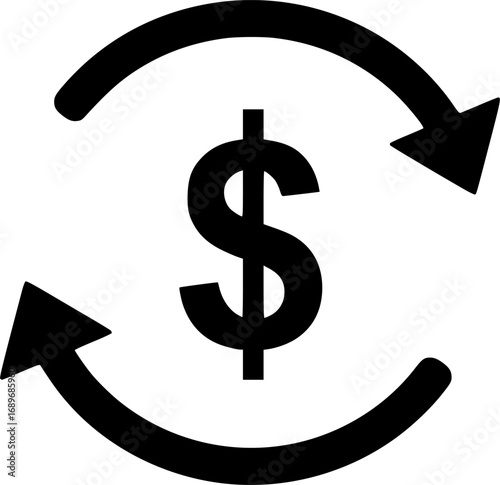 Black and white icon of the dollar symbol surrounded by two arrows forming a circle and representing money turnover
