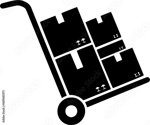 This vector illustration shows a delivery hand truck carrying cardboard boxes, representing concepts like shipping, logistics, and transportation

