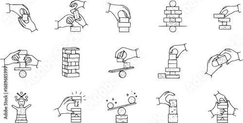 Wood stack balances game icons set. Line icons representing hands building, balancing, and carefully removing blocks from a wooden tower structure, symbolizing risk, strategy, and patience