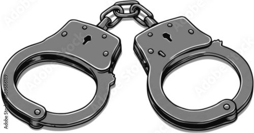 Two steel handcuffs closed on a white background representing law enforcement
