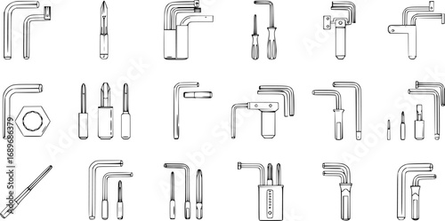 Allen keys icons set. Line drawing of allen wrenches or hex keys isolated on white background, perfect for representing diy projects, furniture assembly, and repairs