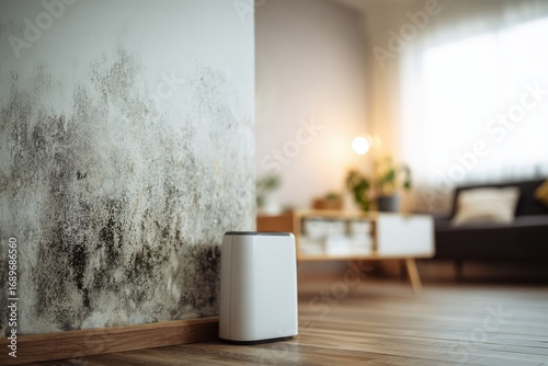 Mold creeping along a living room wall in a modern home, with a blurred background featuring an air purifier and warm wooden floor, evoking moisture concerns and contemporary design.