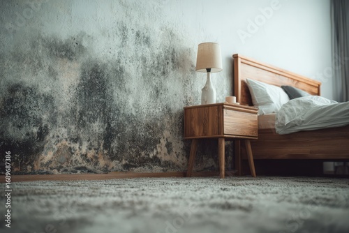 Mold spots mark a bedroom wall in a contemporary home, signaling moisture issues; a softly blurred bedside table and carpeted floor create a calm, modern mood.