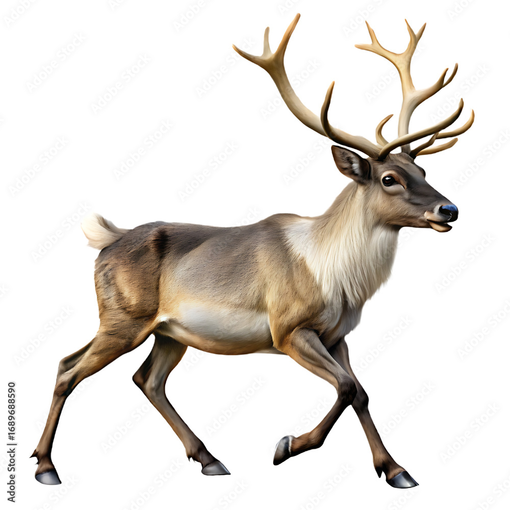 Obraz premium A reindeer with impressive antlers in a walking pose on a transparent background Keywords isolated on a transparent background