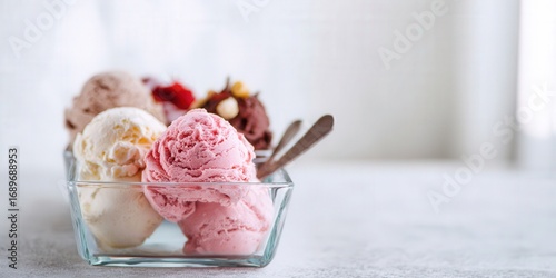 Assorted ice cream scoops in a glass bowl, a sweet and tasty dessert treat.
