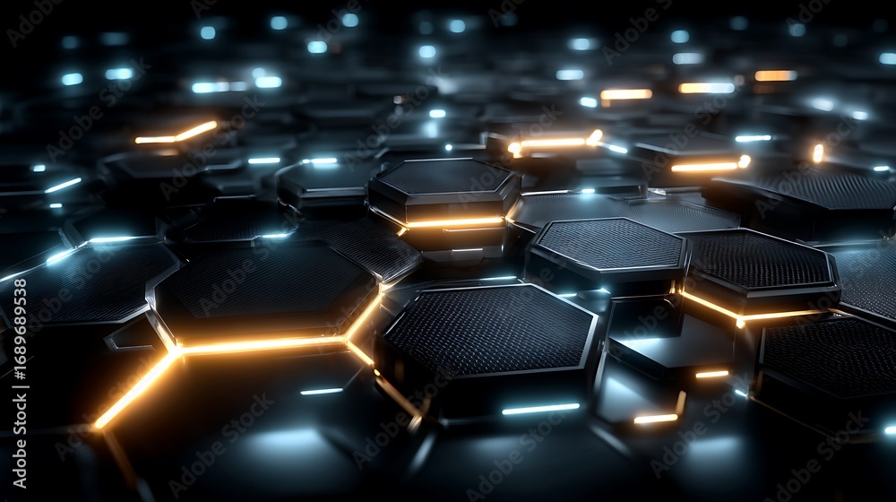 Obraz premium Modern tech hexagonal grid glowing lights high resolution image