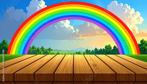 Colorful rainbow over a wooden deck