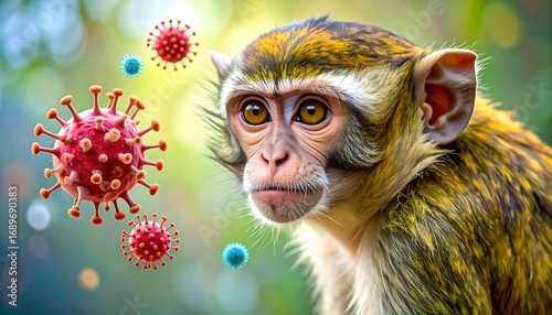 Monkey and viruses in a blurred forest background