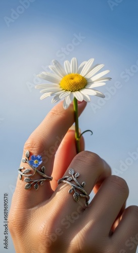 Hand Holding Daisy with Leafy Rings, Blue Sky Background, Artistic Composition.