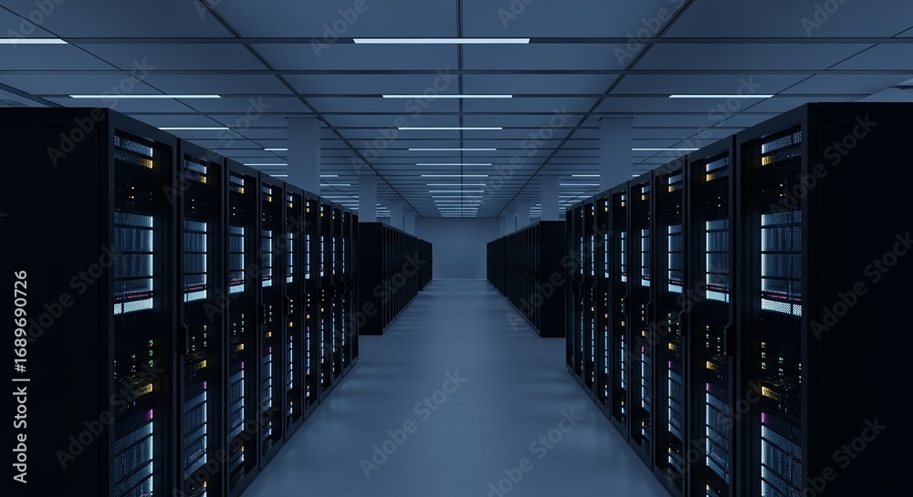 Fototapeta premium Server room filled with rows of computing hardware in a sleek, modern data center environment at night