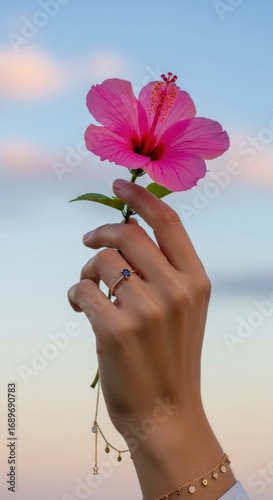Hand Holding Pink Hibiscus Flower with Blue Sapphire Ring Against Soft Sky