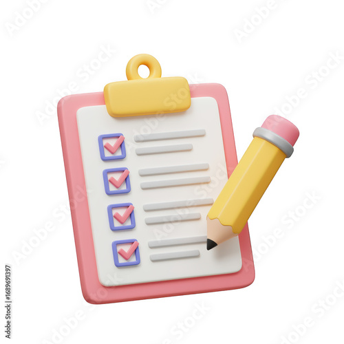 3d cartoon checklist clipboard with pencil isolated on transparent background
