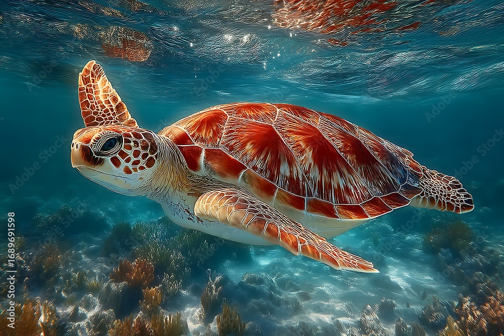Fototapeta premium Graceful sea turtle underwater in ocean high resolution image