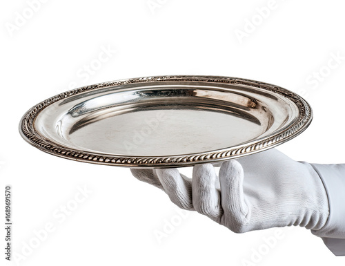 A polished silver platter held by a gloved hand