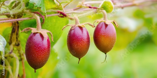 A close-up of three ripe kiwi berries hanging from a vine, showcasing their unique color and form.