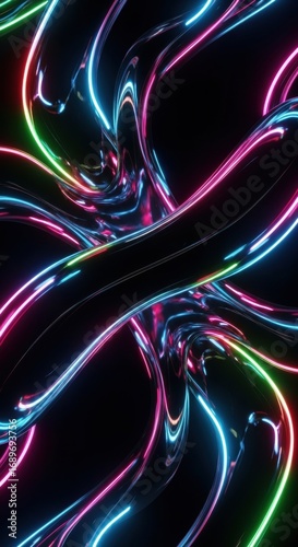 Luminous Neon Tubes Intertwined on Black, Abstract Futuristic Design