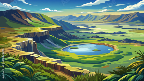 The Ngorongoro Crater in Tanzania presents a vast volcanic caldera with lush grasslands, shimmering lakes, and dramatic cliffs shaped by ancient geological forces.