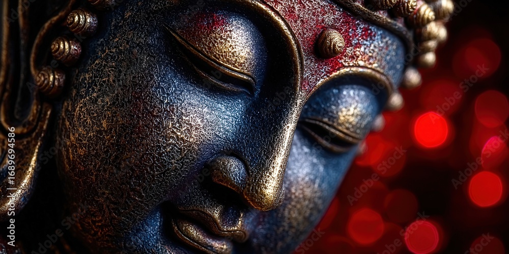 Obraz premium Intricate detail of a Buddha statue, showcasing serene expression and rich textures.