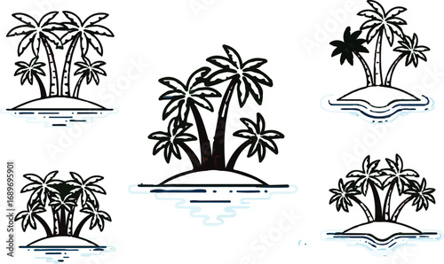 I see the image — it shows **five islands with palm trees** illustrated in black outlines with a bit of blue water around them.