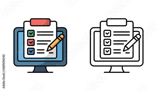 Online Survey Illustration with Monitor and Checklist Design and Outline Version Included in Image