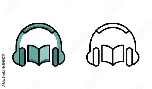 Audiobook Concept Illustration Featuring Headphones Paired With an Open Book in Color and Outline