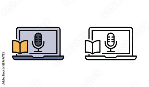 Podcast Recording and Education Icons Laptop with Microphone and Open Book Symbolizing Knowledge Acquisition