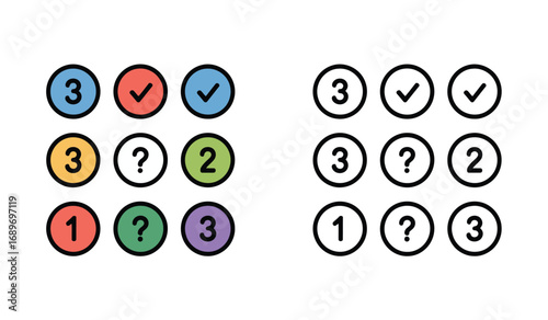 Colorful Circles with Numbers Checks and Question Marks Visual Patterns and Puzzle Solving