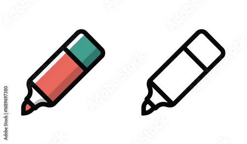Illustration Set of a Highlighter Marker Pen with Colored and Black and White Versions