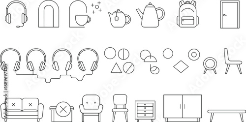 Minimal line art icons, household furniture, kitchen items, headphones, geometric shapes, modern outline design, vector illustrations, interior decor, home elements, simple style collection