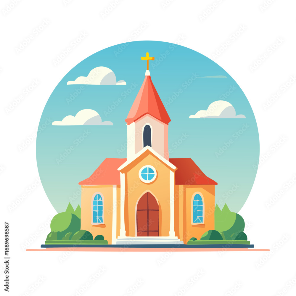 Naklejka premium Charming Church Building with Cross Tower and Blue Sky Vector Illustration
