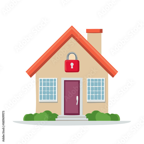 Secure home illustration. Padlock over house, security concept.