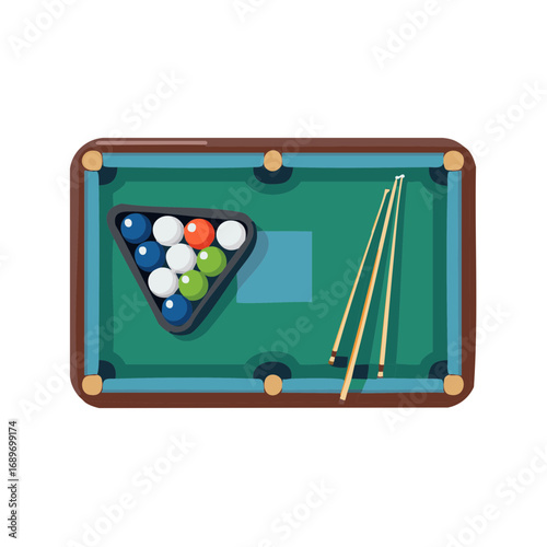 Illustration of a Billiards Table with Balls Rack and Cues for Game Recreation Leisure Activity