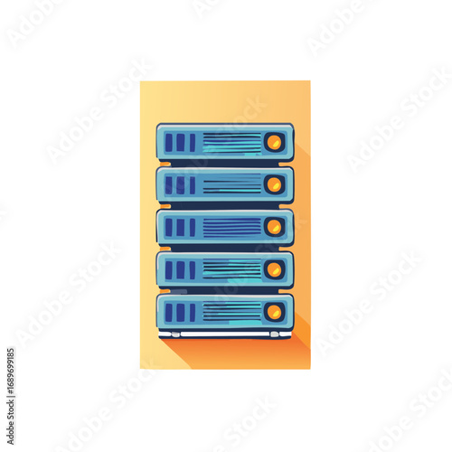 Stack of blue server racks with orange button and shadow